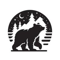 bold black silhouette of a bear walking through a forest scene. vector