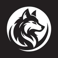A striking black and white silhouette of a wolf's head, set within a circular frame resembling a moon. vector