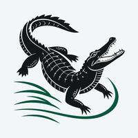 A powerful, stylized silhouette of a crocodile, depicted in bold, black lines against a light gray background. vector