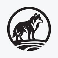 black and white graphic of a wolf's head in profile view, set within a circular frame. vector