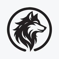 A stylized, black and white silhouette of a wolf, positioned within a circular design reminiscent of tribal art or a stylized landscape. vector