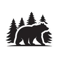 A stylized, black and white silhouette of a polar bear standing on a crest of ocean waves within a circular frame. vector