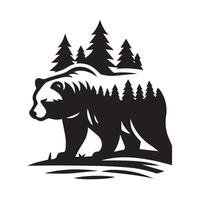 Bold line art of a bear in a serene, stylized landscape. vector