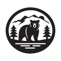black and white graphic of a bear standing amidst a tranquil forest scene, suggesting a logo or emblem for a nature-focused brand. vector