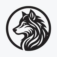 Bold black and white silhouette of a wolf's head, set within a circular frame. vector