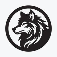 Striking black and white logo of a wolf against a mountain and moon backdrop. vector