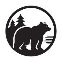 Bold black bear logo with mountain and forest scenery. vector