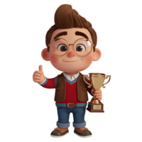 3D Render of a Happy Boy Holding a Trophy isolated on transparent background png