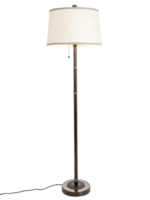 A tall floor lamp with a modern design, featuring a white fabric lampshade and a sleek metal stand png