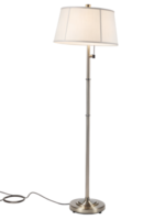 A tall floor lamp with a modern design, featuring a white fabric lampshade and Shiny metal base png