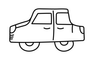 Doodle car. Children Scribble drawing. Coloring. Isolated Automobile on white background. Outline image. Personal vehicle. Primitive drawn Sedan from side. Wheeled transport. illustration vector
