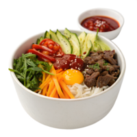 Bibimbap in a white ceramic bowl, isolated on a transparent background png