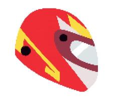 Pixel red racer helmet, yellow elements. Racing protection on head of driver of Formula 1 sports car side view. Motorsport. 80-bit gaming style image. Retro Visor. Isolated. Color illustration vector