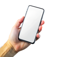Hand holding mobile phone screen mock up, showing smartphone mockup, scrolling display, isolated on transparent background png
