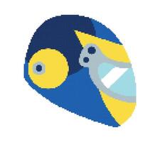 Pixel blue Racer Helmet. Racing head protection Side view. 80-bit gaming image style. Visor with yellow element. Formula 1 sports car Driver Head. Motorsport retro. Isolated. Color illustration vector