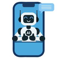 Flat illustration of smiling ai robot showing thumbs up on mobile screen vector