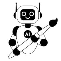 Linear black and white illustration of a robot holding a large paint brush vector