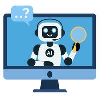 Flat illustration of cute ai chatbot holding magnifying glass on monitor screen vector