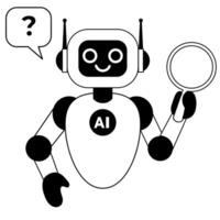 Line art illustration of a chatbot holding a magnifying glass vector