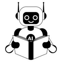Linear black and white illustration of a robot reading a book vector