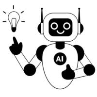 Cute ai robot points to the light bulb and develops an innovative business idea or strategy vector