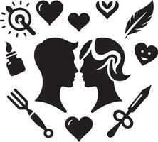 love icon set with a man and woman in silhouette, a heart, a knife, a feather vector