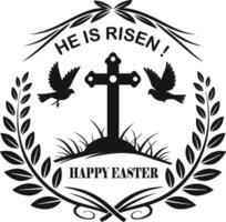 easter cross with dove and laurel wreath, he is risen happy easter illustration vector