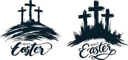 easter cross illustration set with cross and hill vector