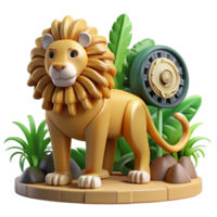 serene modern 3D Render of a Cartoon Lion in a Jungle Setting with Mechanical Elements professional png