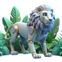 dramatic abstract Robotic Lion in Lush Jungle Setting Digital Render premium png