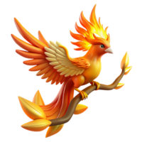 serene contemporary Fiery Bird on Branch Digital Render of Mythical Creature authentic png