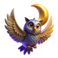 impressive rustic Adorable 3D Owl Soaring with Crescent Moon professional png