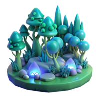 wonderful artistic Enchanted 3D Render of a Whimsical Forest Scene with Glowing Rocks and Cartoonish Trees original png
