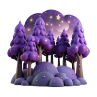Enchanted Night Forest 3D Render of Magical Trees and Starry Sky png