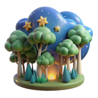 Enchanted Night Forest 3D Render of Magical Trees and Stars png