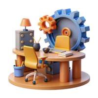 Productivity Workspace 3D Render of Desk with Gears png