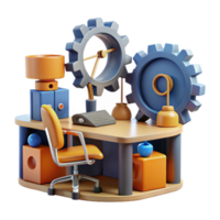 Gears, Desk, Office, Productivity, Workspace, 3D Render, Mechanism, Machine, Design, Innovation png