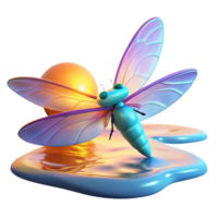 vibrant abstract 3D Render of a Cartoon Dragonfly on a Shiny Liquid Surface at Sunset, Vibrant Colors, Iridescent Wings, Abstract Background authentic png