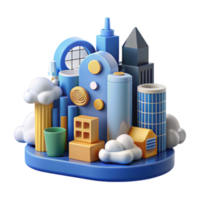 Abstract Cityscape 3D Render of Modern Buildings and Clouds png