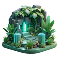 Neon Jungle Oasis 3D Render of Lush Greenery and Futuristic Architecture png