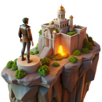 stunning abstract 3D Illustration of a Figure Contemplating an Ancient Temple on a Clifftop Atop Lush Greenery, Mysterious Golden Dome Architecture high resolution png