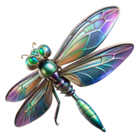 iridescent dragonfly, robotic insect, metallic wings, 3D rendering, digital art, fantasy creature, steampunk design, intricate details, jewel toned colors, cyberpunk aesthetics png