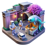 3D Render of Futuristic Cityscape with Robots and Flying Fish png