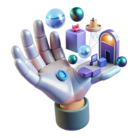3D Render Robotic Hand Holding Metaverse Objects png