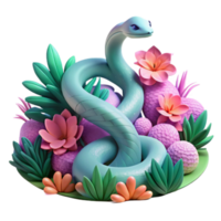 Serpentine Bloom A 3D Render of a Snake in Lush Floral Surroundings png