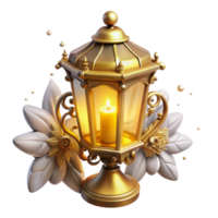 Golden Lantern with Flowers Illuminated Candle in Ornate Design png