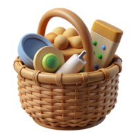 Wicker Basket of Assorted Items 3D Render png