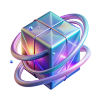 Iridescent Cube with Orbiting Rings 3D Render png