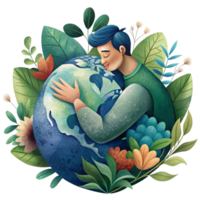 Man deeply connected to the planet with nature elements png