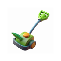 Green Cartoon Garden Lawn Mower with Handle Leaf Motif and Orange Buttons for Gardening Tools Concept png
